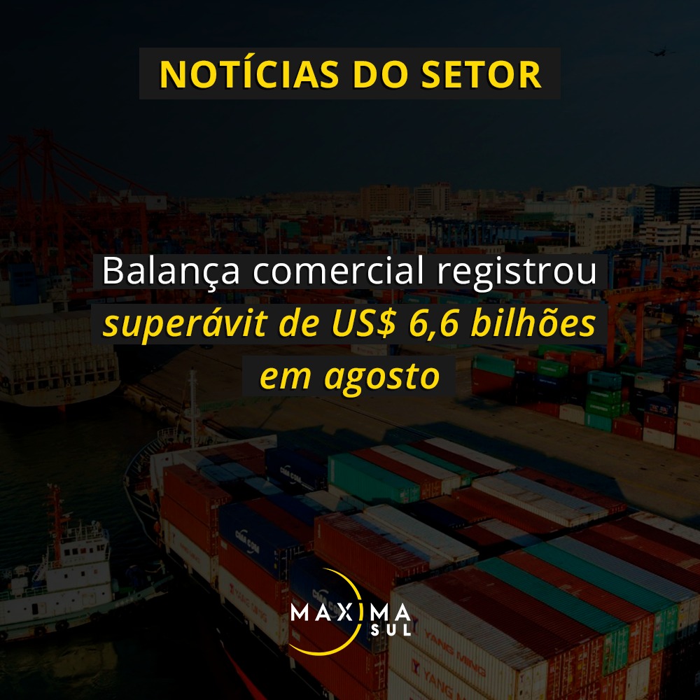 Balança comercial registrou superávit de US$ 6,6 bilhões em agosto